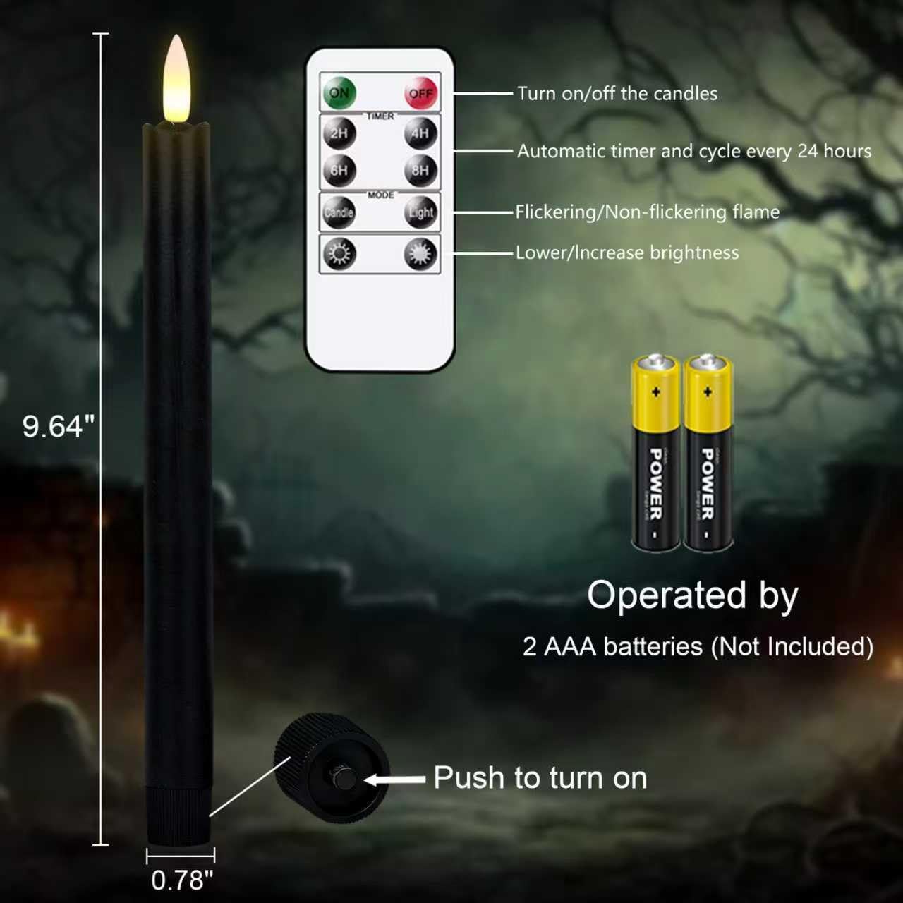 GenSwin Black Flameless Taper Candles with Remote, Halloween Flameless Candles Battery Operated, LED Halloween Candlesticks with 3D Wick for Home Decor(Set of 3, 0.78” x 9.6”)