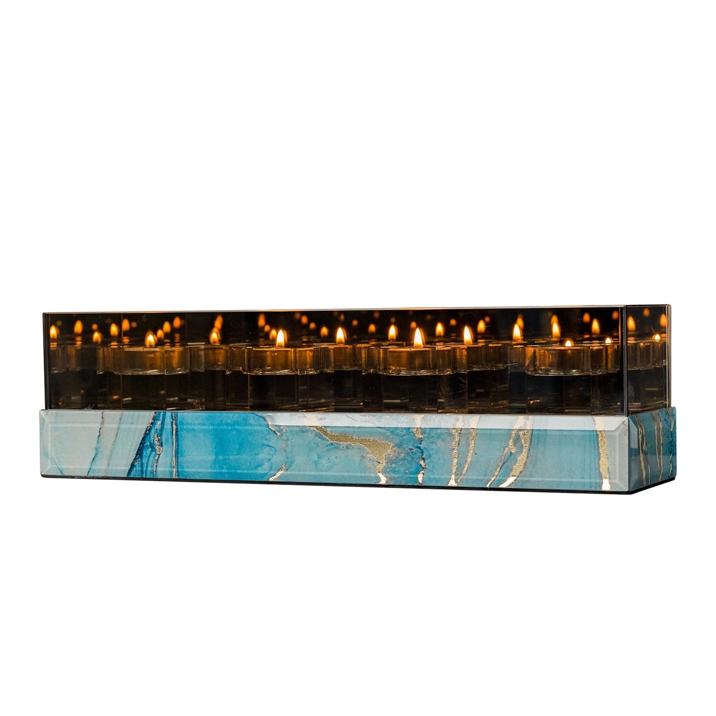 Timetrace Glass Candle Holder Rectangular 4 Candle Seat with Marble Pattern-Tealight and Votive Candles Holders Centerpiece Table Decorations for Home Décor, Dining Room, Kitchen, Patio (Blue)