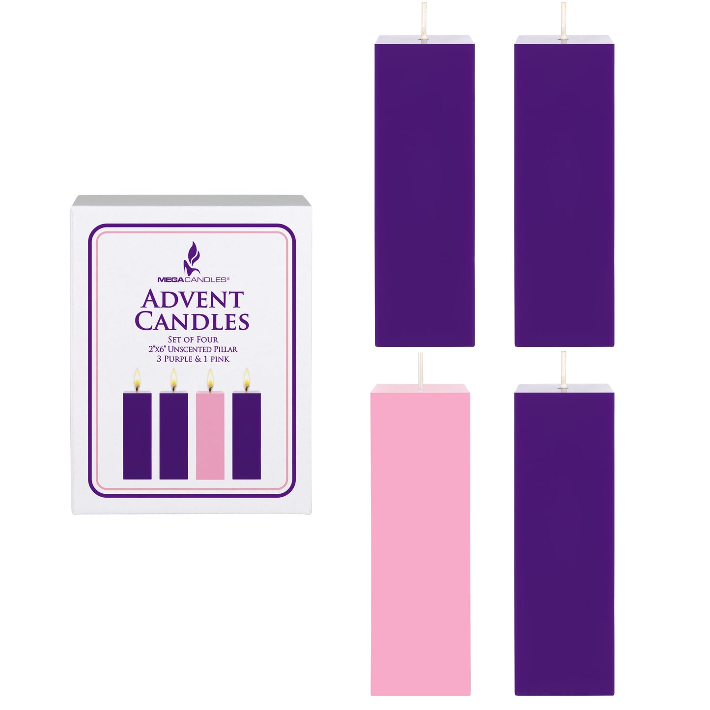 Mega Candles 4 pcs Unscented Christmas Advent Candles Set, Hand Poured Premium Wax Square Pillar Candle 2 Inch x 6 Inch, Holidays, Occasions, Events, Festivitiess, Devotional, Church, Wreath, Gifts