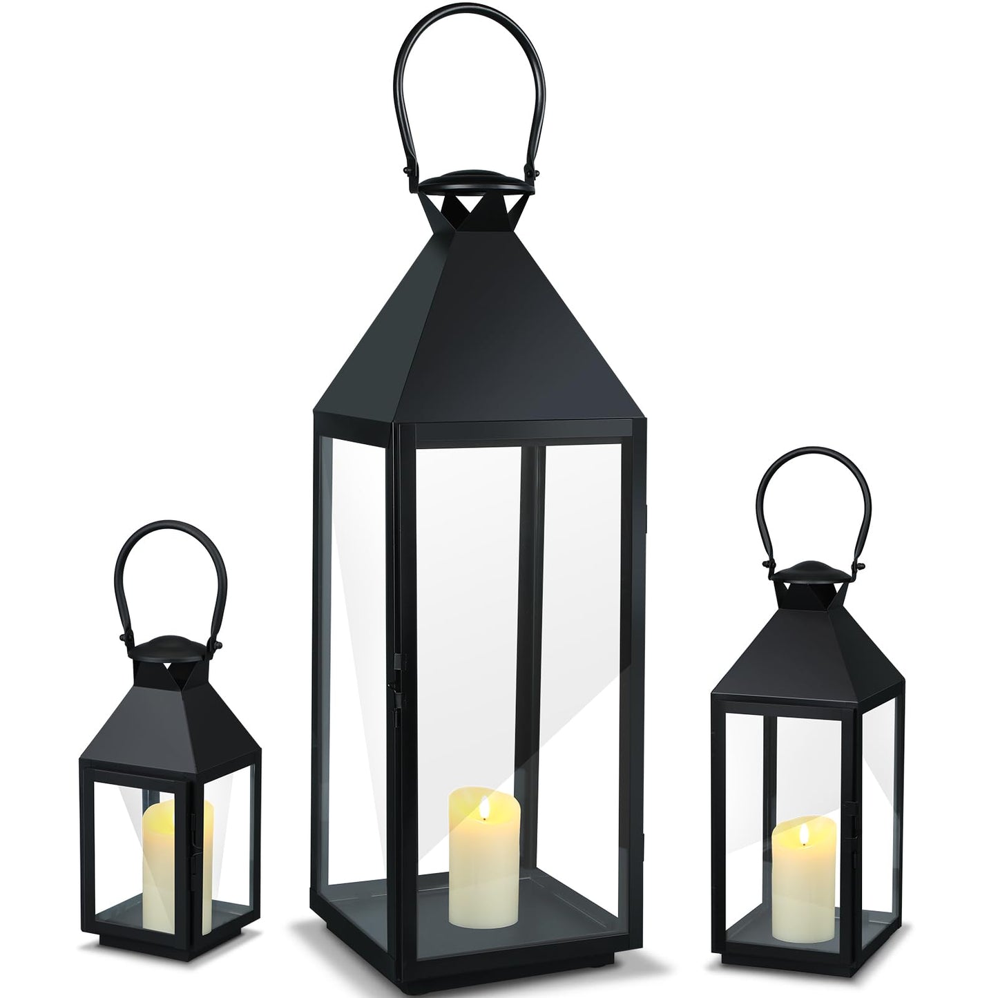 Mifoci Jumbo Black Metal Decorative Lanterns with Clear Glass Panel Hurricane Candle Lantern for Home Decor Party Event Tabletop Front Porch Wall Hanging Indoor Outdoor(3 Pcs,28'' 16'' 10'')