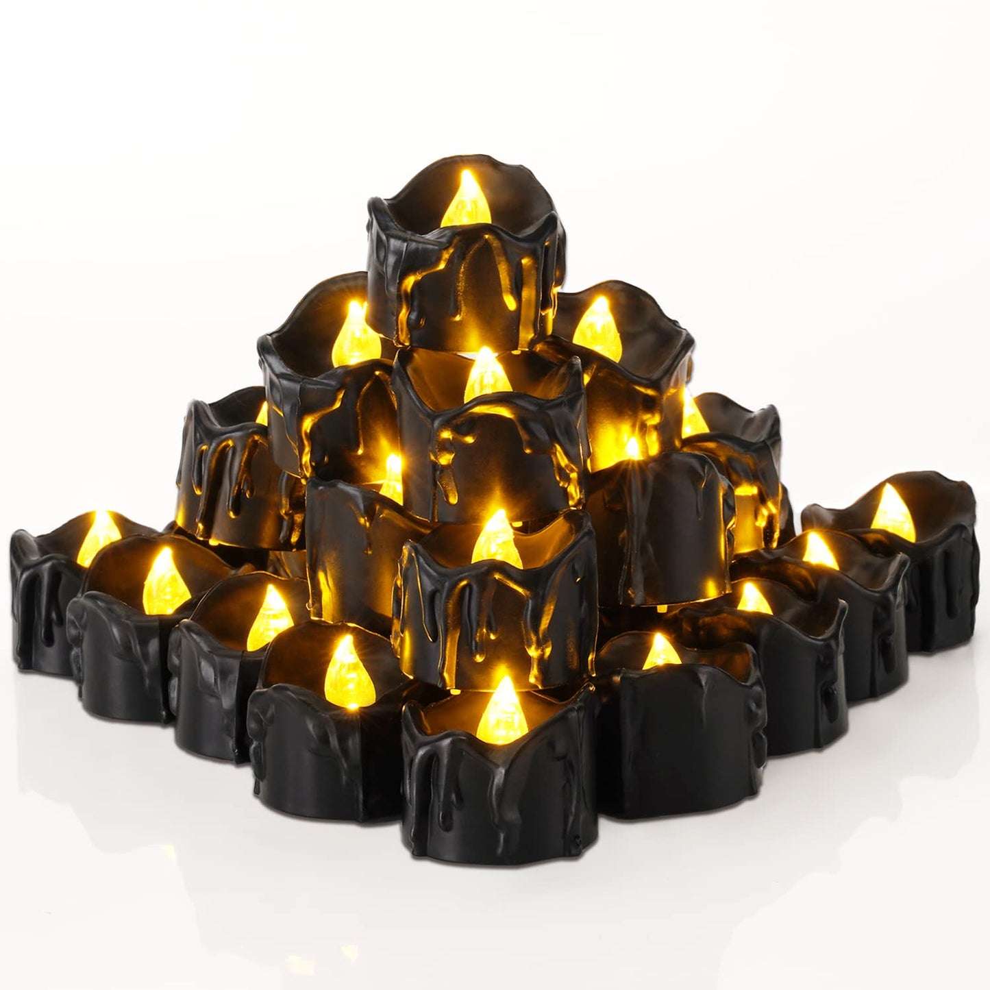 Homemory 24-Pack Halloween Black Dripping Flameless Tea Lights, Battery Operated Flickering LED Candles, Safe for Pumpkins, Party & Holiday Decor, 1.58" D x 1.2" H, Warm White Glow