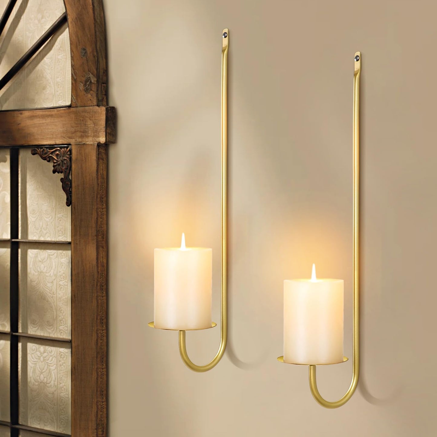 Gold Candle Sconces Set of 2, 13.2 Inch Taper & Pillar Wall Candle Holder, Wall Candle Sconces Set of Two, Decor for Entryway, Fireplace, Living Room, Gifts for Women Men