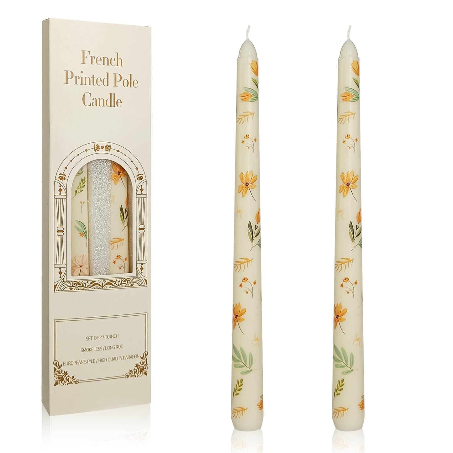Floral Taper Candles 10 Inch Tall Unscented Handmade Iris Print Long Burning Elegant Candlesticks for Wedding Dinner Home Decor