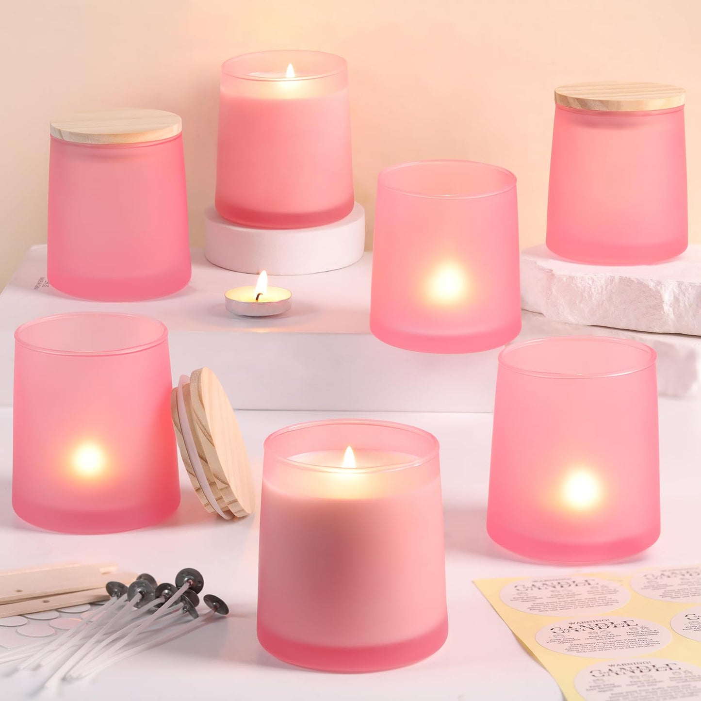 DARJEN 12 Pack Frosted Pink Candle Jars for Making Candles- 9 OZ Empty Glass Candle Making Jars with Making Kits, Candle Making Supplies Candle Containers for Home DIY & GIFS