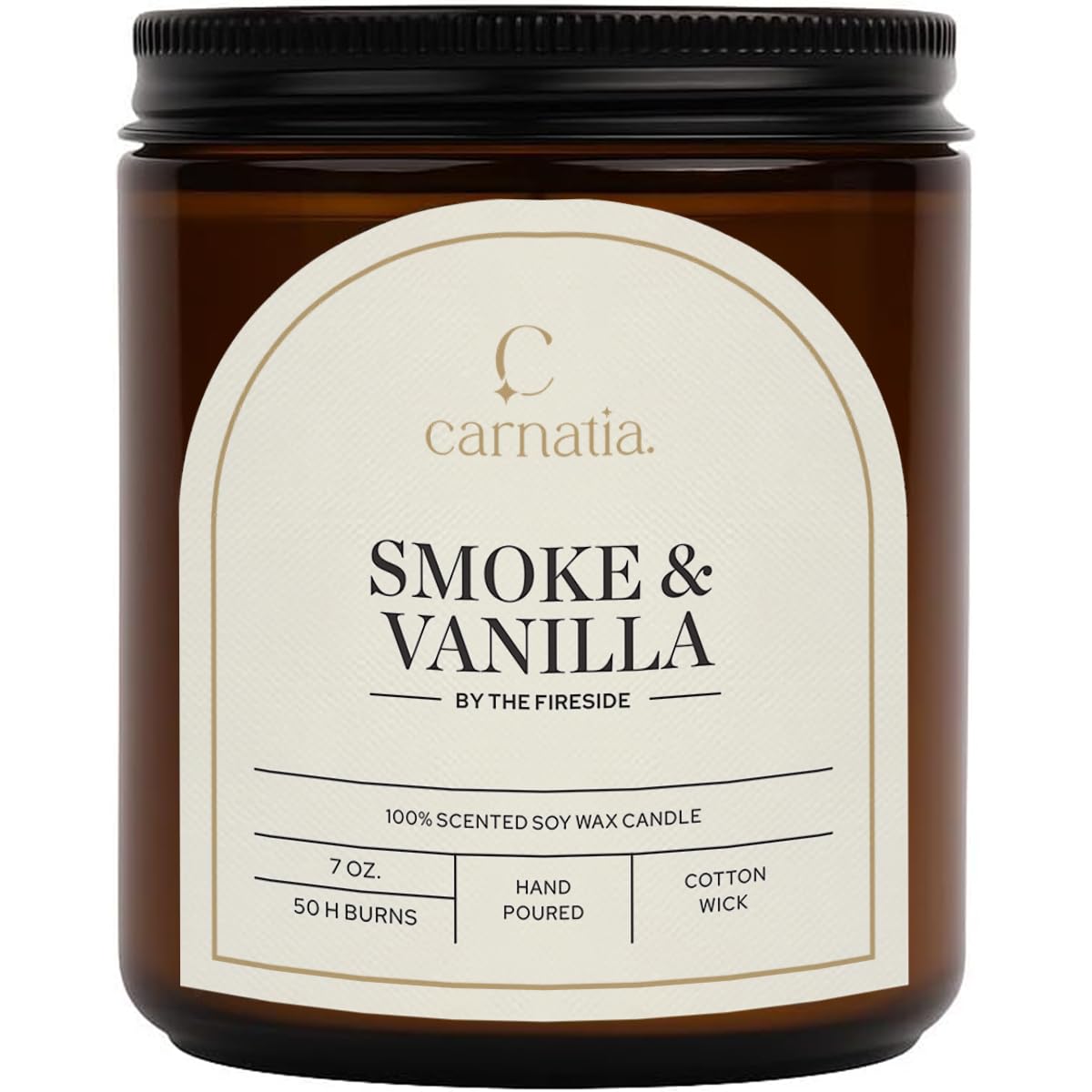 Carnatia Smoke & Vanilla Scented Candle – 7 oz | 100% Soy Wax with Cotton Wick | 50 Hour Burn | Aromatherapy Candle for Home, Cozy Mood & Relaxation | Gift for Women & Men