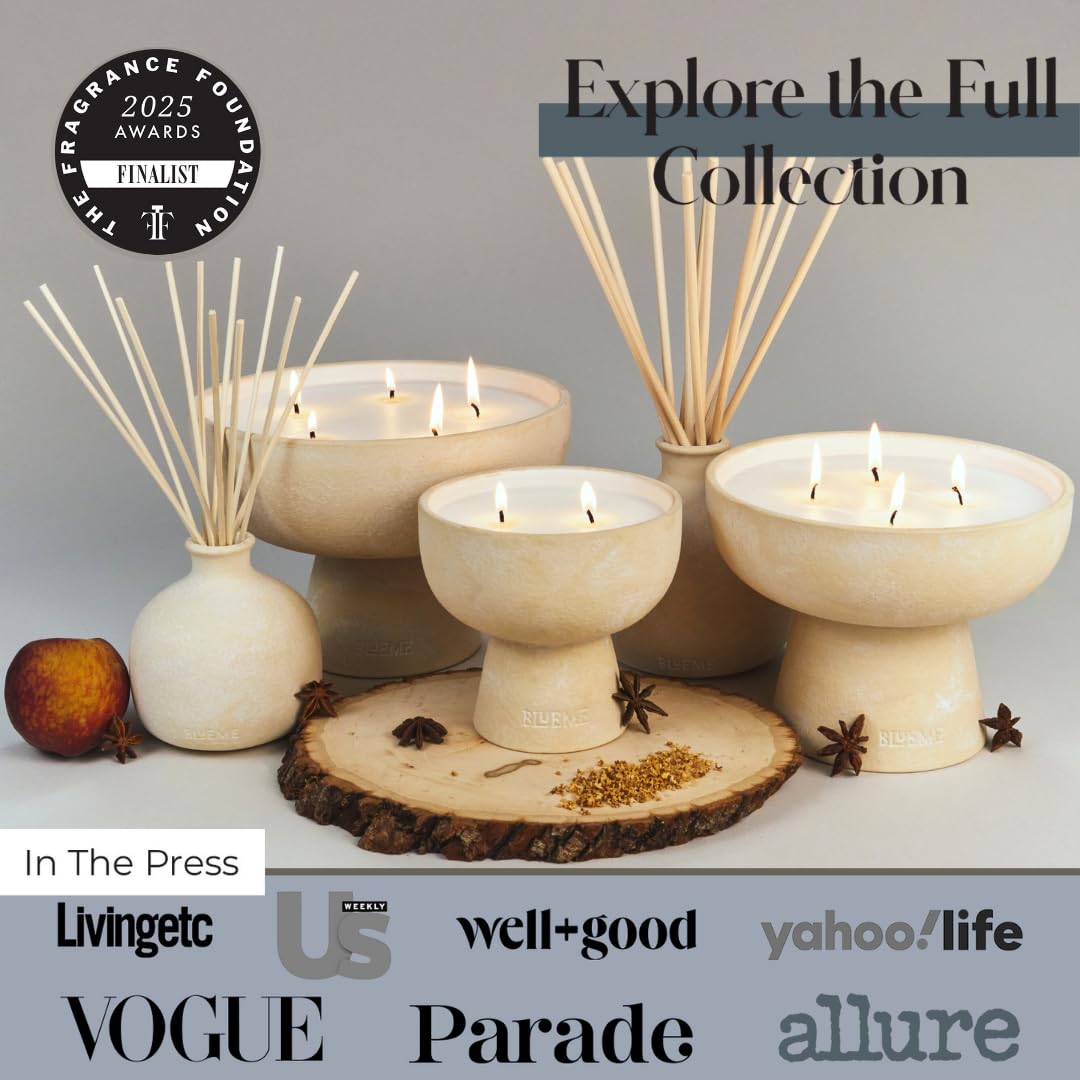 Blueme Calm Candle | Osmanthus & Sandalwood | 2 Wick - Refillable Wellness Candle with Essential Oils, Hand Finished & Poured Soy Wax Blend Ceramic Vessel, Natural Cotton Wicks | Medium 12 oz