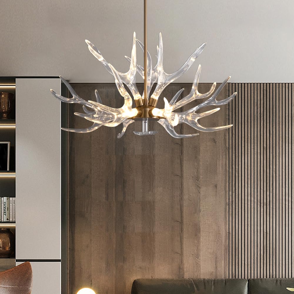 LOVEDIMA Resin Antler Chandelier, 9-Light Deer Horn Pendant Light Fixture for Living Room Bedroom Dining Room Kitchen (Gold)