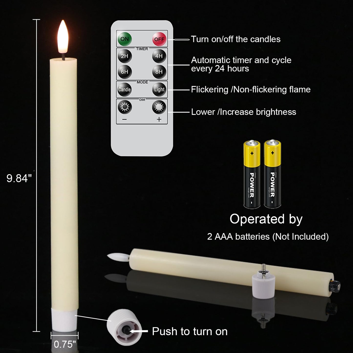 GenSwin Flameless Taper Candles with Remote Timer, Real Wax LED Taper Candles Battery Operated with 3D Flame, 3Pcs Flickering Flamless Candlesticks for Halloween Christmas Decor(Ivory, 0.78” x 9.8”)