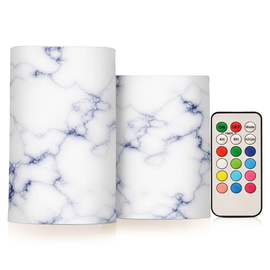 KGLDSNM Navy Marble Pattern LED Flameless Flickering Candle with Remote Timer Battery Operated for Indoor Outdoor Party Holiday Home Decor 2 Pack