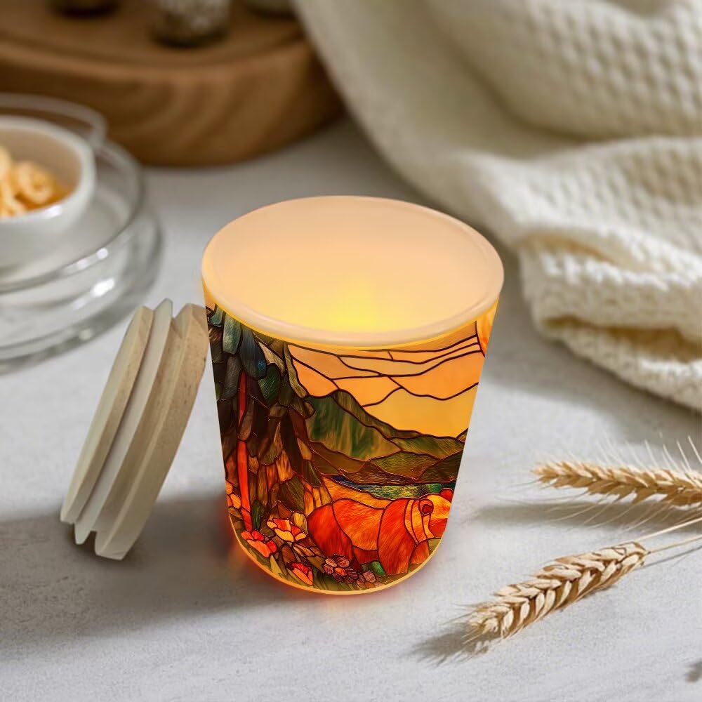 Stained Glass Bears Tea Light Candle Holders, Mountain Tealight Candle Holder Jar with Wooden Lid, Pine Tree Votive Candlesticks for Table Centerpieces, Christmas,Birthday Party,Home Decor