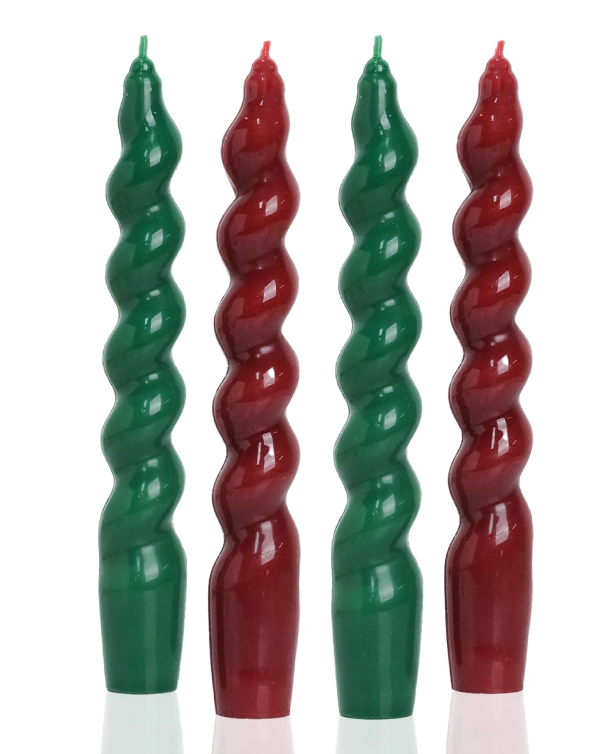 MAITREYA Christmas Short Taper Twisted Candles Set of 4 - Green and Red for Decoration, Weddings, Party, Church - Unscented Dripless 7.5inch