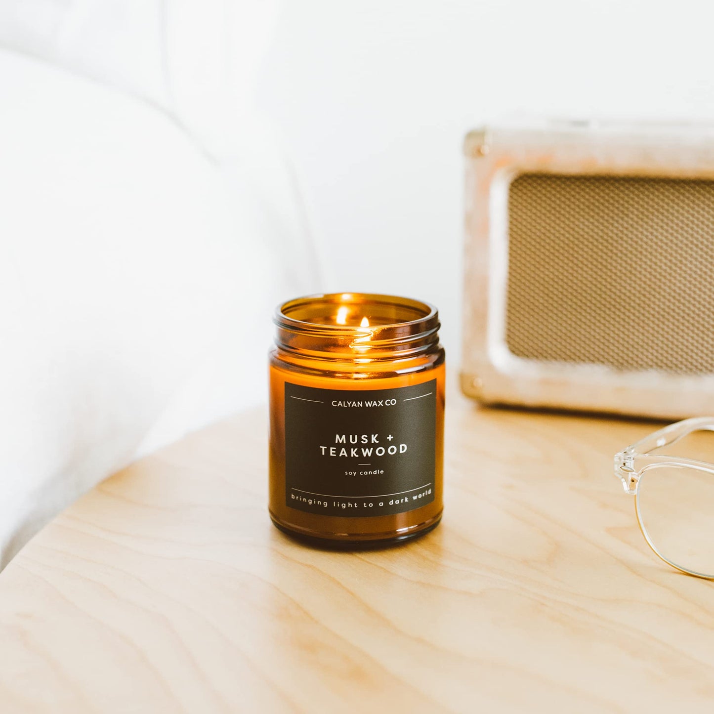 Calyan Wax Co. Musk & Teakwood Scented Candle - 57 Hour Burn - Luxury Clean Soy Wax Candles - Long Lasting Amber Glass Jar Candle for Home - 7.2oz