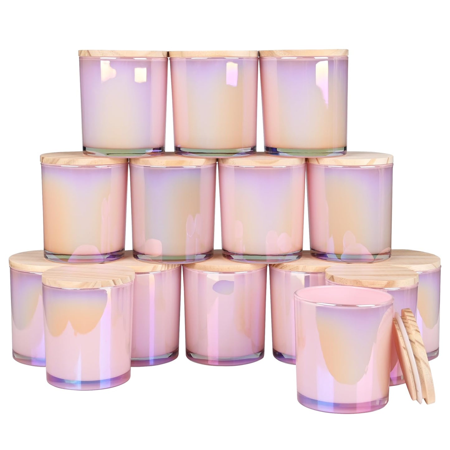 SHOWIN 10 OZ Thick Candle Jars for Making Candles 15 Pcs, Empty Jars with Wood Lids for Candle Making, Sample Container, Glitter Pink
