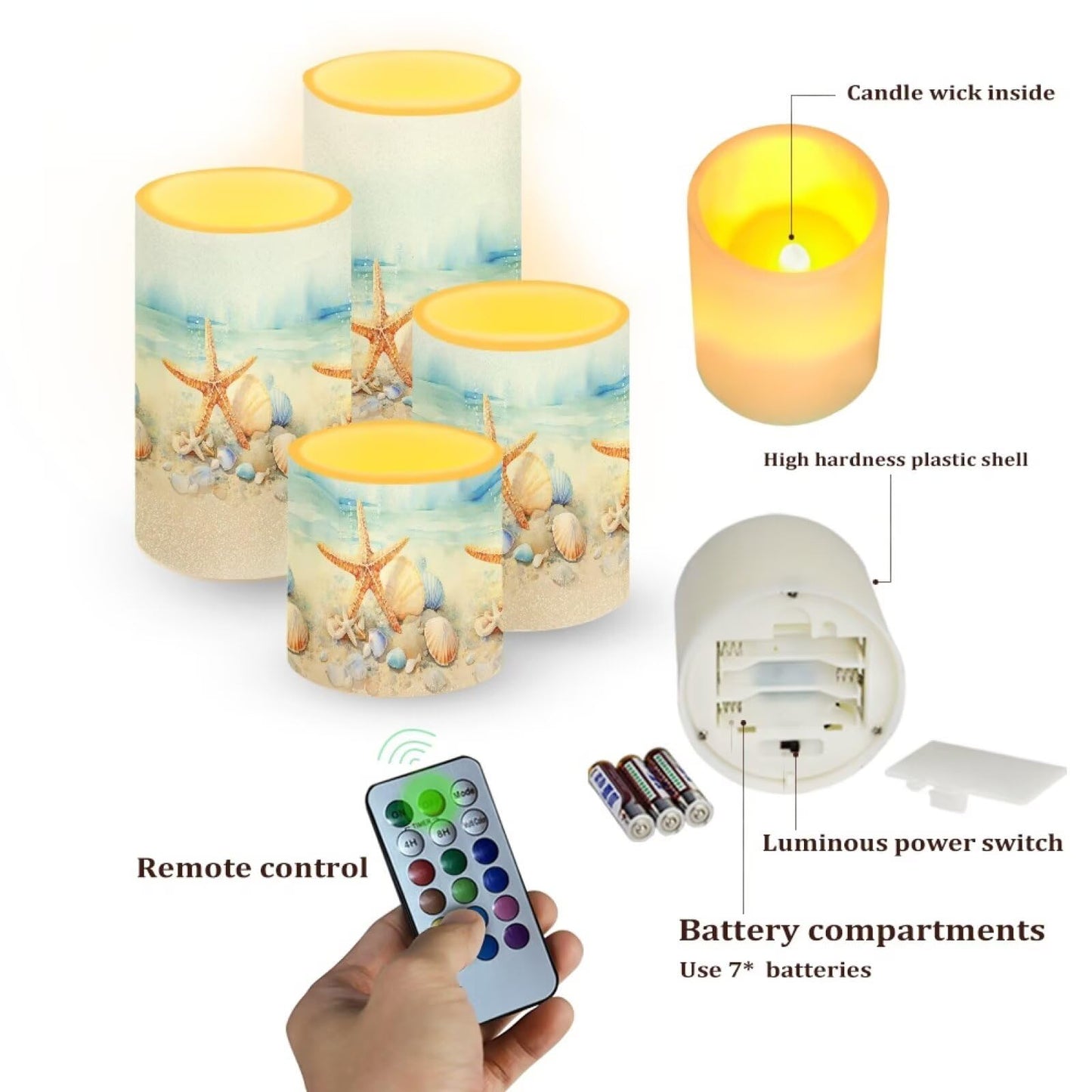 Merkmak 4 Pack 5.7" x 3" Battery Operated Candles with Timer Flameless LED Candles with Remote for Outdoor Porch Electric Fake Plastic Pillar Lights Bulk, Coastal Starfish