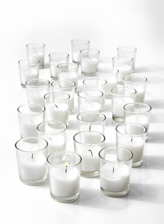 Serene Spaces Living 100-Pack White Unscented Votive Candles in Glass Holders, 10 Hour Burn Time, Bulk Set for Weddings, Events, Parties, Spa, Emergency & Home Decor, 2" Tall x 1.75" Diameter