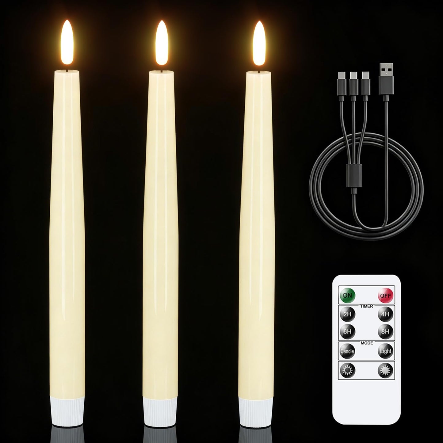GenSwin Rechargeable Flameless Taper Candles, 3 Pack Ivory LED Taper Candles Battery Operated with Remote Timer, Real Wax Flameless Candlesticks for Christmas Holiday Home Decor
