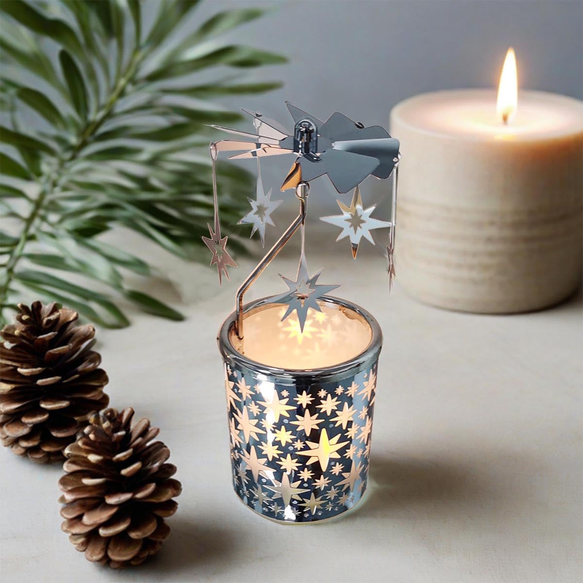 Carousel Rotary Candle Holder Spinning Birthday Gifts for Women, Mom, Wife, Girlfriend, Sister, Her, Metal Windmill Tea Light for Female Friends (Silver Star)