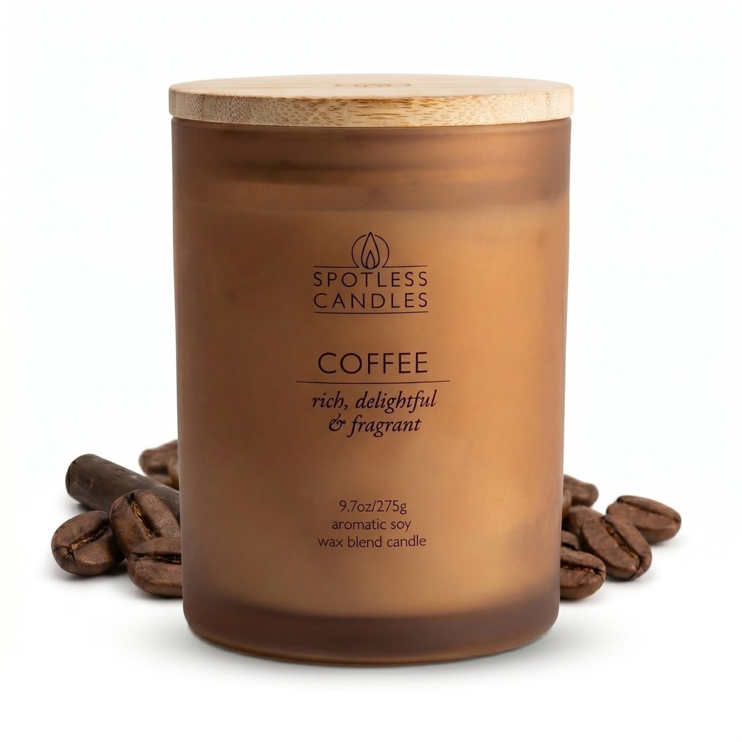 Coffee Candle; 9.7oz, 55 Hrs Burn Time, Soy Wax Brown Frosted Jar with Crackling Wooden Wick & Luxury Gift Box with Gold Foil Strip: Coffee Scented Candle by Spotless Candles