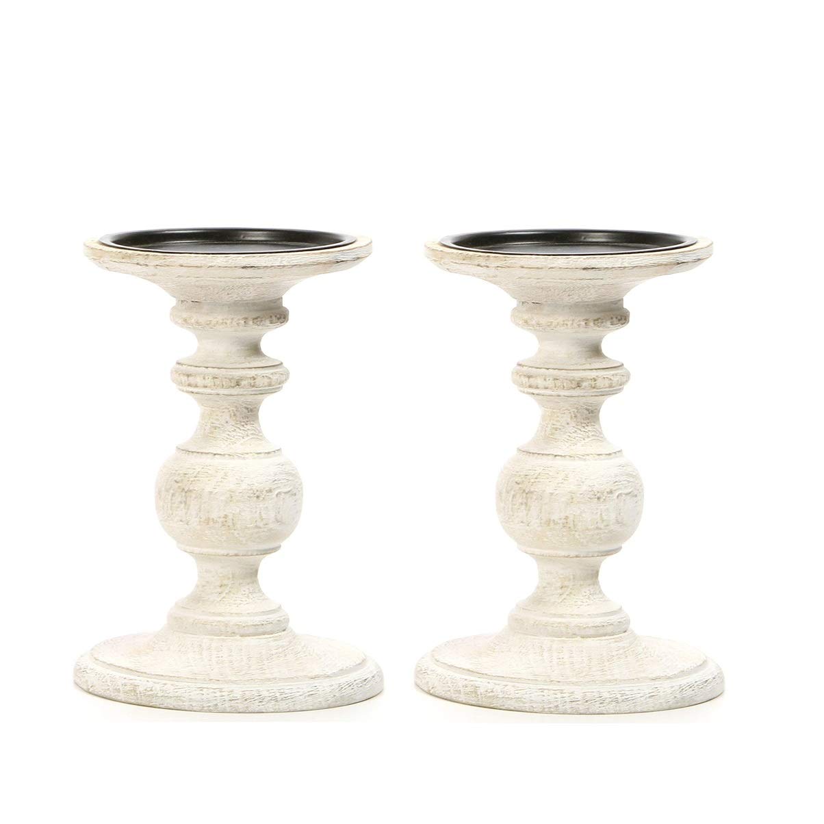 Hosley Set of 2 White Wooden Pillar Candle Holder 7 Inch High Bundle with Set of 4, 3 Inches High, White Unscented Pillar Candles