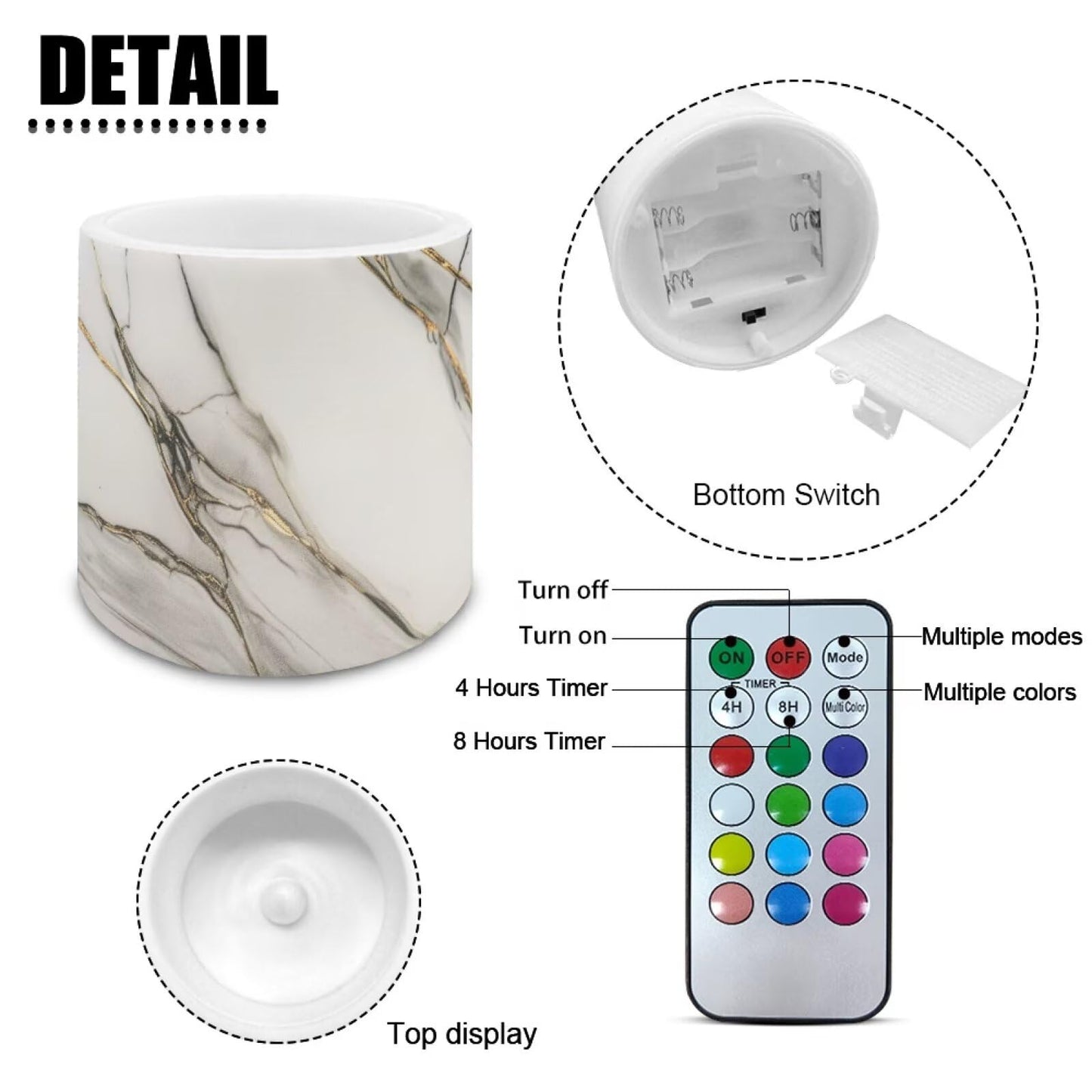 Cozeyat Gray Marble Flameless Candles 4 Pack Battery Operated with Remote Control Timer LED Pillar Candles Waterproof for Indoor Outdoor Garden