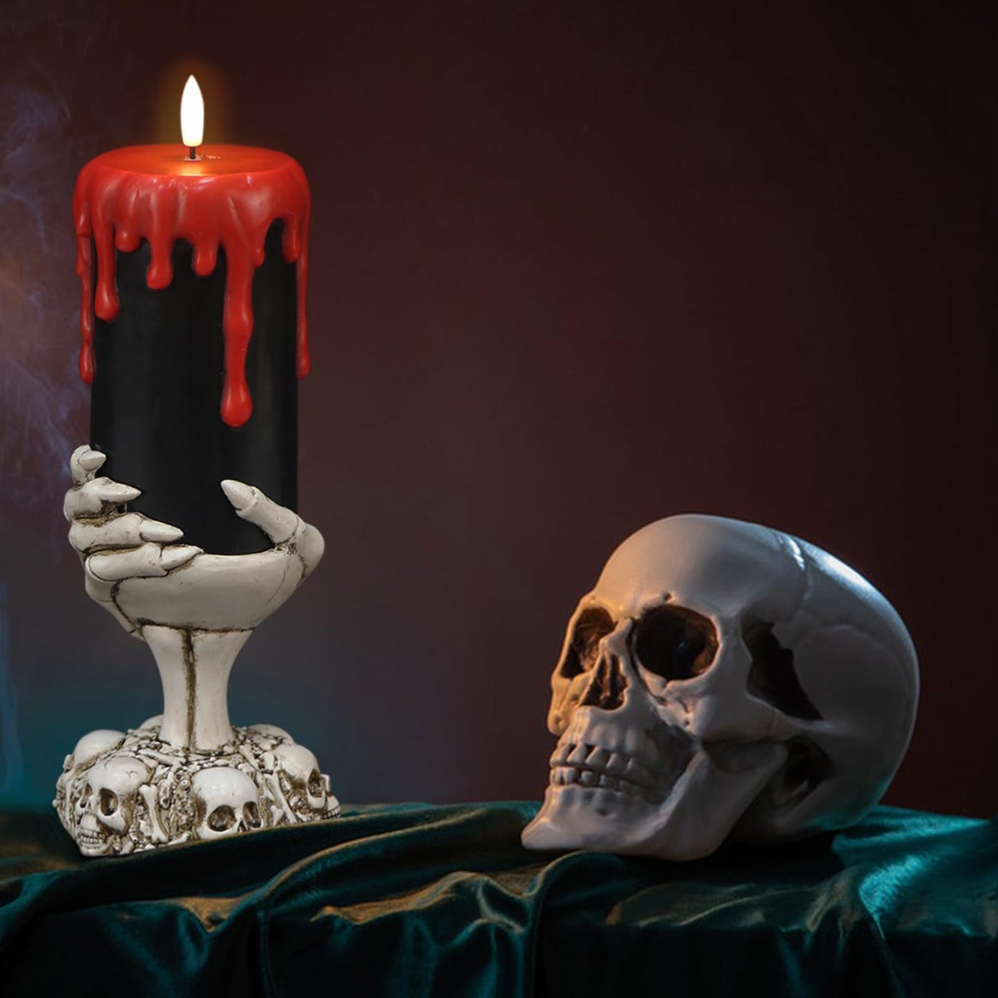 Eldnacele Halloween Flickering Flameless Candles Ghost Hand Candlesticks with Timer,Battery Operated with Red Blood Dripping 3D Wick Black Wax LED Pillar Candles Table Centerpiece Decor(4×11 Inches)