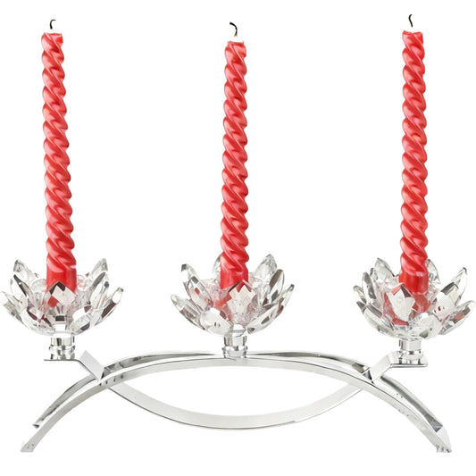 LUMINFLY Crystal Lotus Candle Holders, 11.4 in Silver Table Centerpiece, 3-Head Lotus Candlestick with Glass Petals, Nickel-Plated Metal, for Home Decor, Wedding, Dining