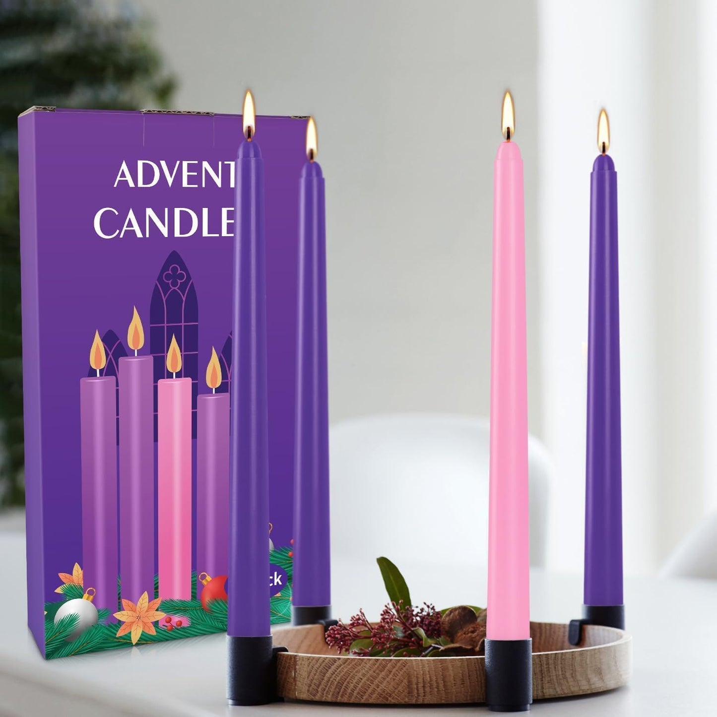 16-Pack Christmas Advent Candles (12 Purple & 4 Pink), 10 Inch Taper Candles for Holiday Decor - Unscented, Dripless & Long-Lasting for Church, Christmas, Weddings and Table Centerpieces