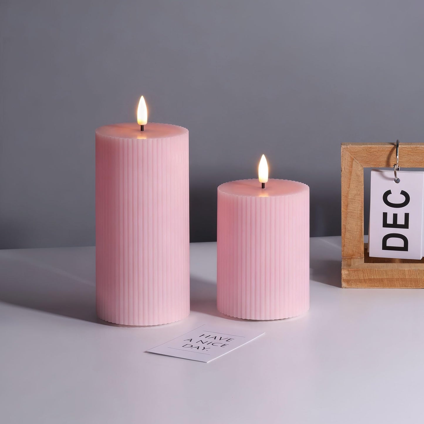 Girimax Pink Ribbed Flameless Pillar Candles with Remote, Flickering LED Wax Candles Battery Operated Set of 2