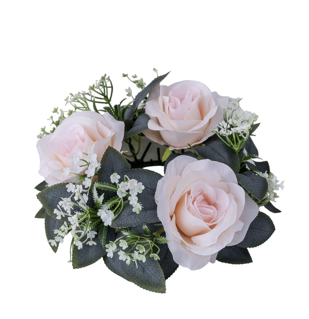 2 Pcs Artificial Rose Candle Rings,Floral Wreaths with Eucalyptus Leaves Greenery Garland for Pillar Candle Lantern Wedding Centerpiece Party Home Table Decor (Pink)