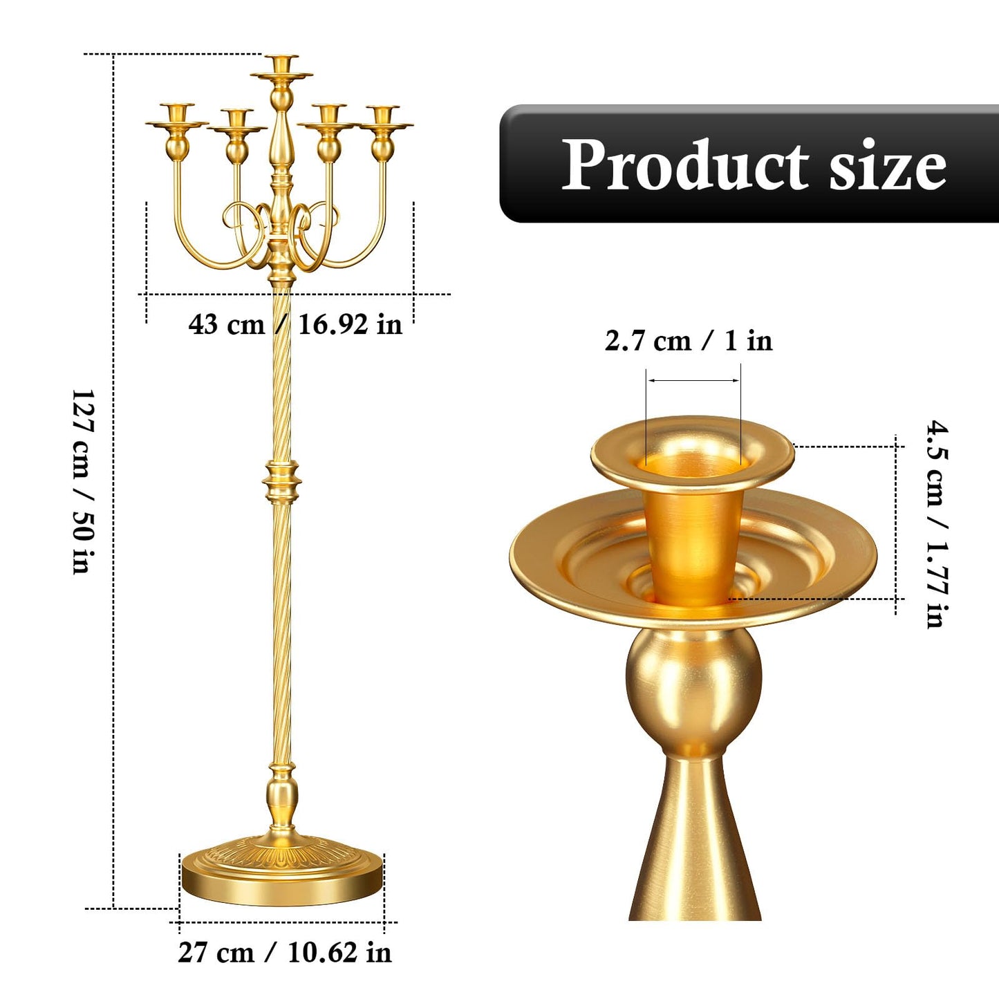 mopam 2 Pcs Floor Candelabra 50 Inch Gold Candelabra Centerpiece 5 Arms Floor Standing Candelabra Gold Candlestick Holder Antique Candle Holder Decorative for Party, Ceremony, Wedding (Line Styling)