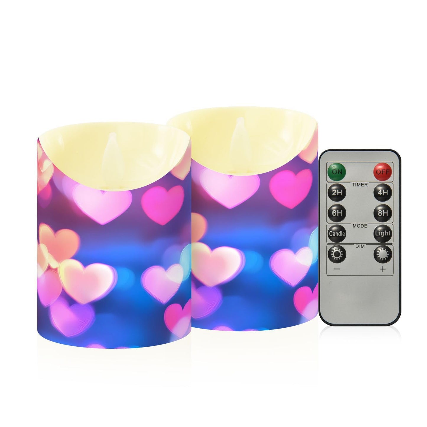 Valentines Flameless Candles Set of 2 Pink Blue Heart Neon Pattern Realistic LED Candles with Remote Battery Operated Holiday Decorations