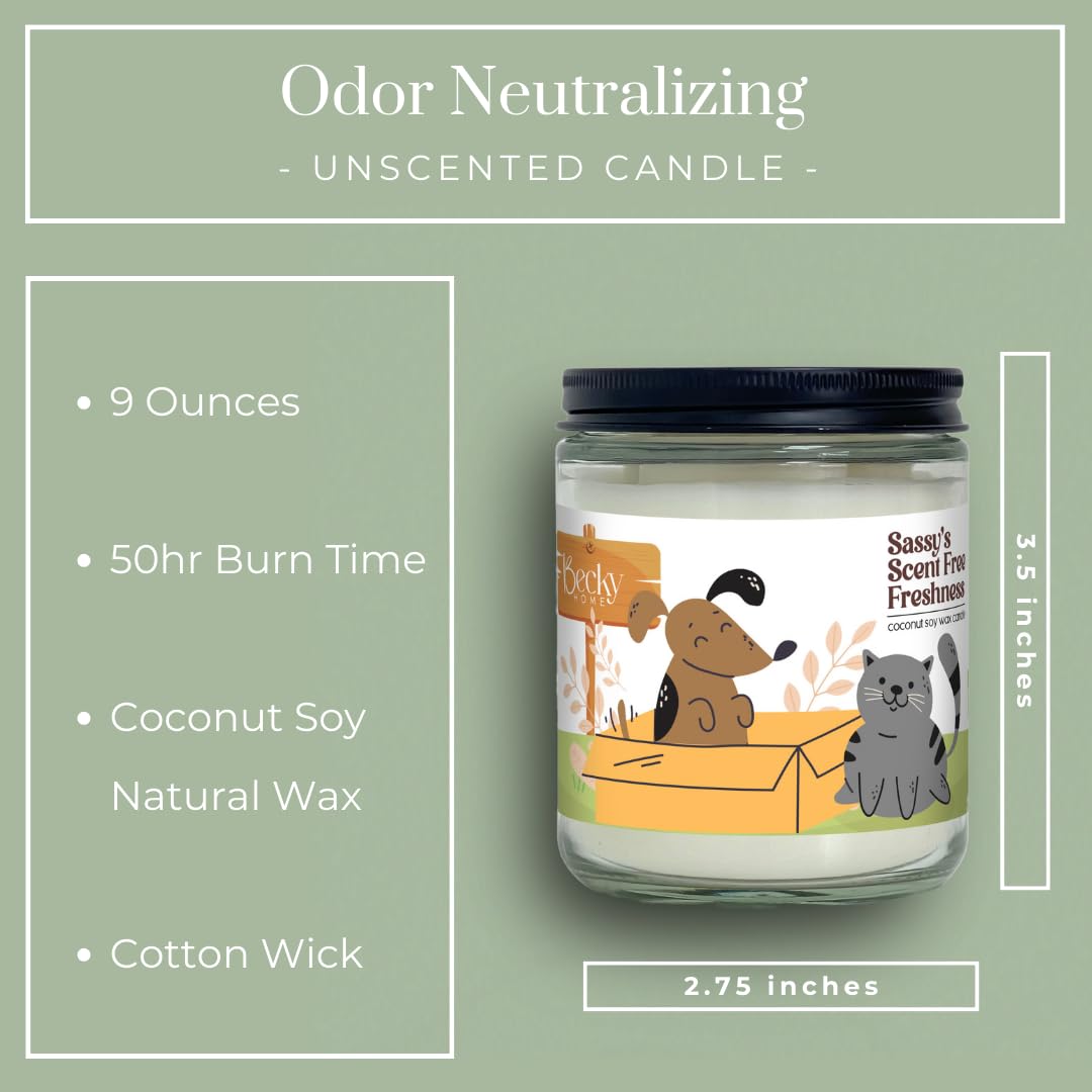 Becky Home 9oz Pet Odor Eliminator Deodorizer Candle, Long-Lasting Unscented, Non Toxic, Scentless Natural Plant-Based Wax Blend