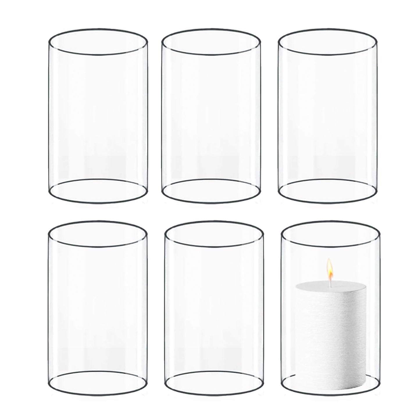 CYS EXCEL 6 PCS (H:6" D:4") Open Ended Clear Glass Hurricane Candleholder Tube Lamp Shade Open Flame Candlestick Holder Chimney Tube Cover Bottomless Cylinder