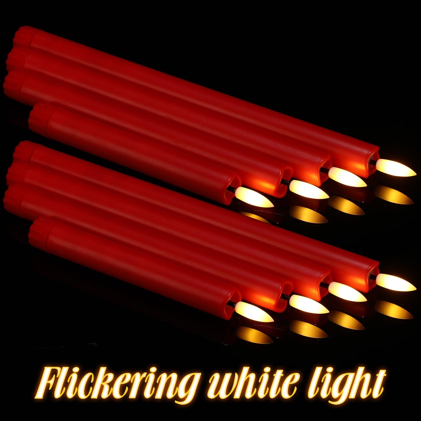 Rossesay 20 Pcs Flameless LED Taper Candles Battery Operated Taper Candles 5 Sizes of 6.5'', 7.7'', 8.8'', 10.0'', 11.2'' Flameless Candlesticks Flickering with 3D Flame for Wedding (Red)