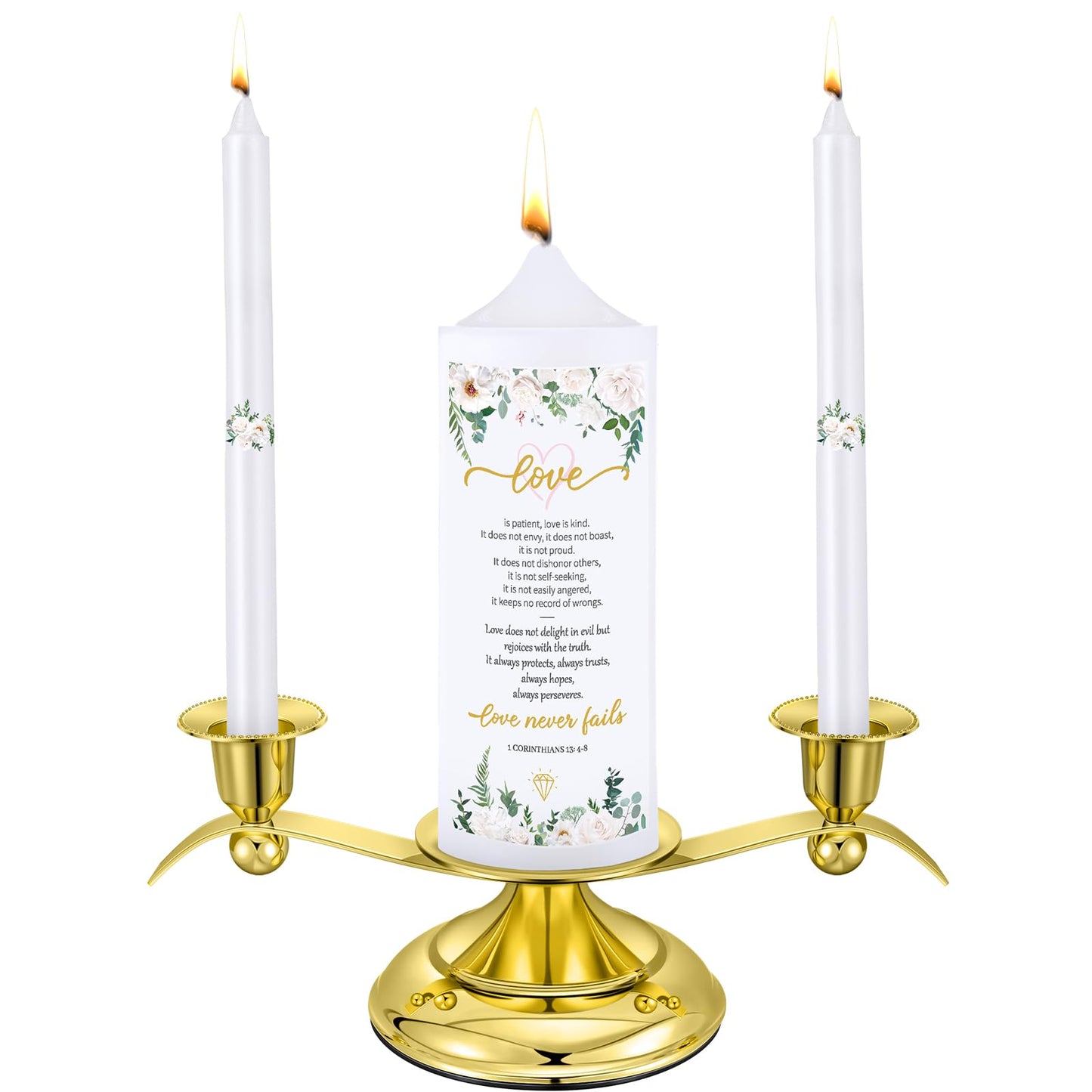 Landhoow 3 Unity Floral Candles for Wedding Ceremony Set with Golden Holder White Pillar and Taper Candles Religious Wedding Catholic Anniversary Big Events Gifts for Couple