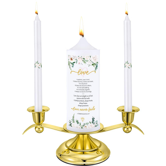 Landhoow 3 Unity Floral Candles for Wedding Ceremony Set with Golden Holder White Pillar and Taper Candles Religious Wedding Catholic Anniversary Big Events Gifts for Couple
