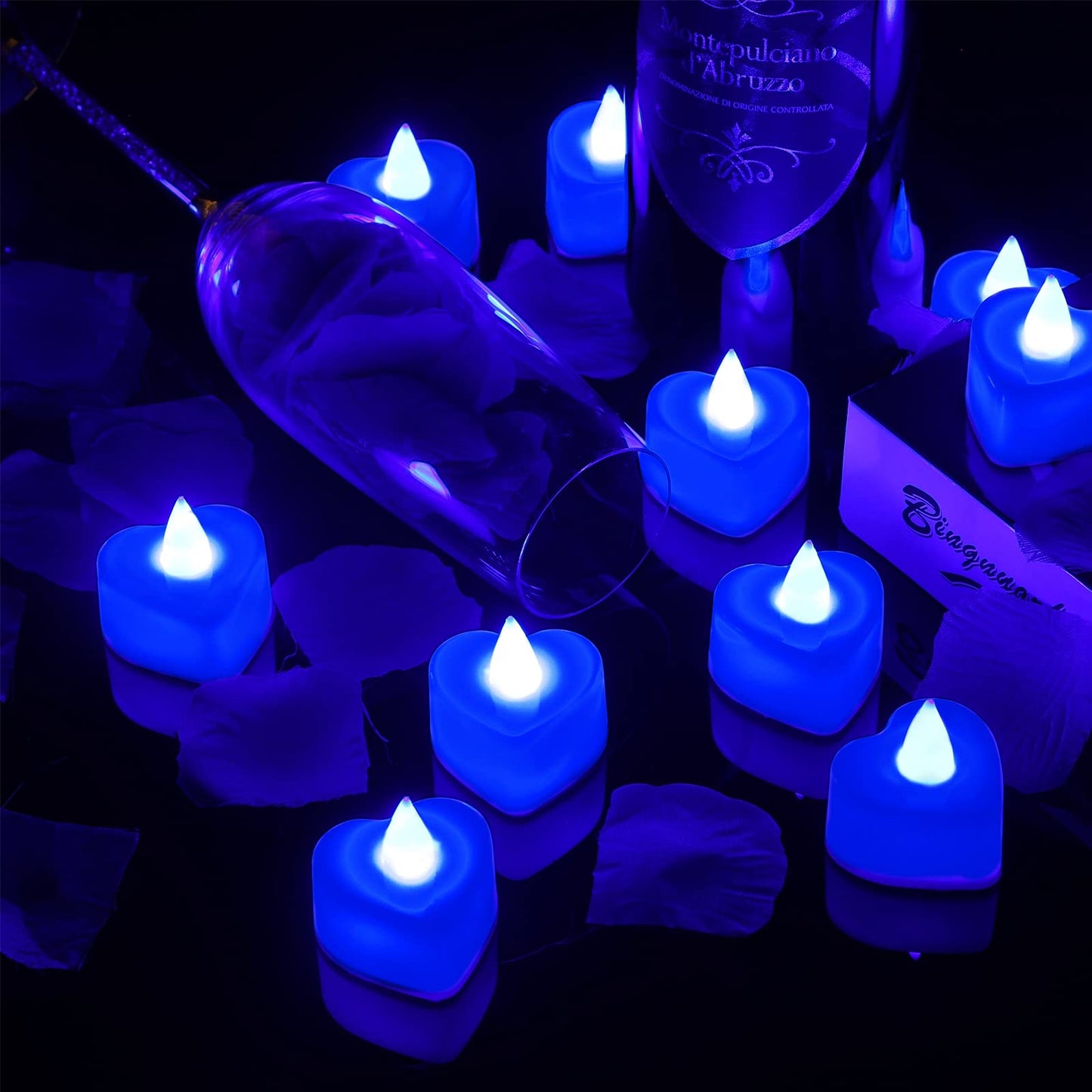 Honoson 1000 Pieces Artificial Rose Petals with 24 Pcs Flameless Heart Shaped LED Tealights Candles Special Romantic Night Decorations for Proposal Wedding Anniversary Table Decor(Blue)