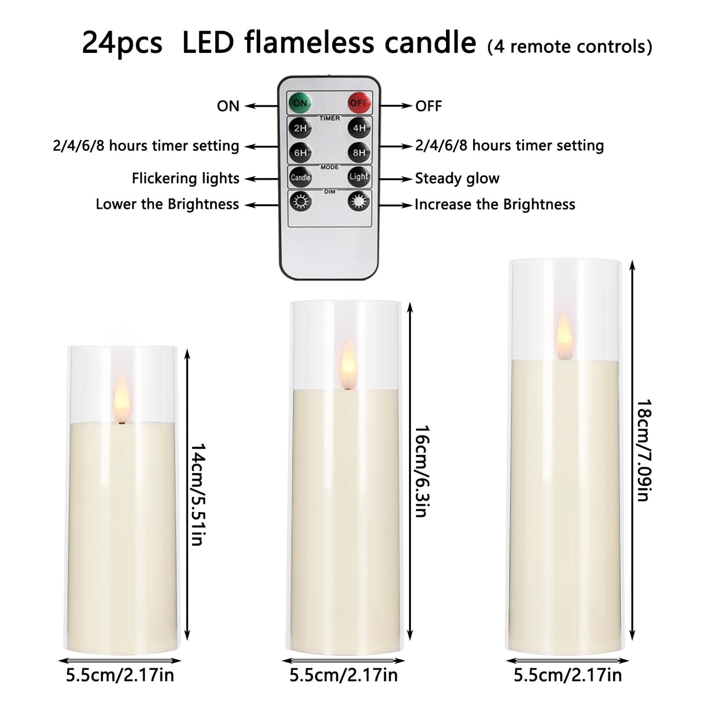 YOROXRG Flickering Flameless Candles Battery Operated with Remote and 2/4/6/8 H Timer Plexiglass LED Pillar Candles with Realistic Moving Wick for Home Decor Pack of 48 (D2.2 xH 5" 6" 7") (Ivory)