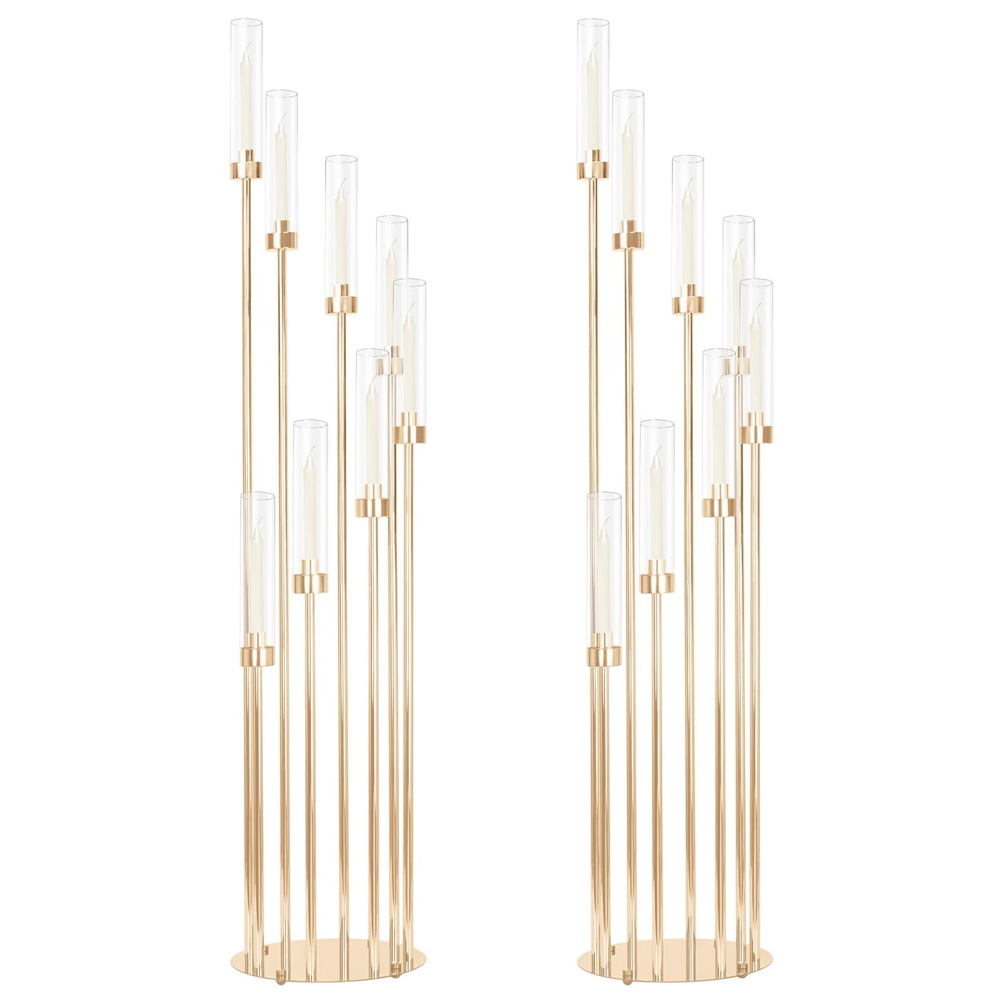2 Sets Gold Candelabra,12 Arm Candlestick Holders with Acrylic Shades, 46'' High Large Floor Candle Holders for Wedding Centerpieces Table Decorations Fit 0.9" Candles and LED Taper Candles