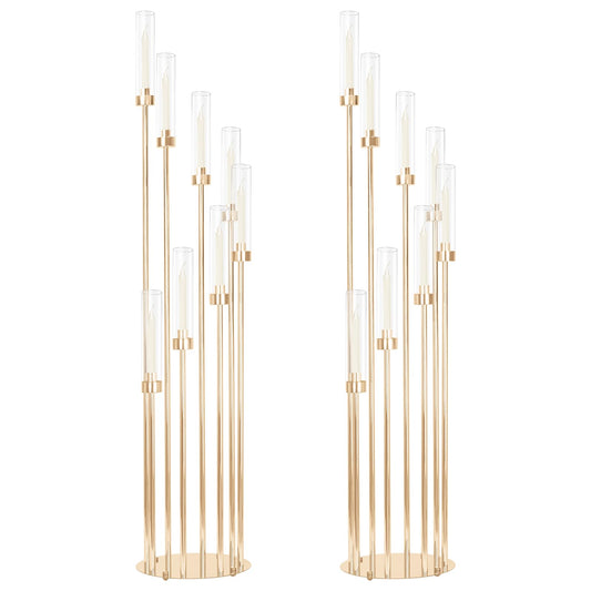 2 Sets Gold Candelabra,12 Arm Candlestick Holders with Acrylic Shades, 46'' High Large Floor Candle Holders for Wedding Centerpieces Table Decorations Fit 0.9" Candles and LED Taper Candles