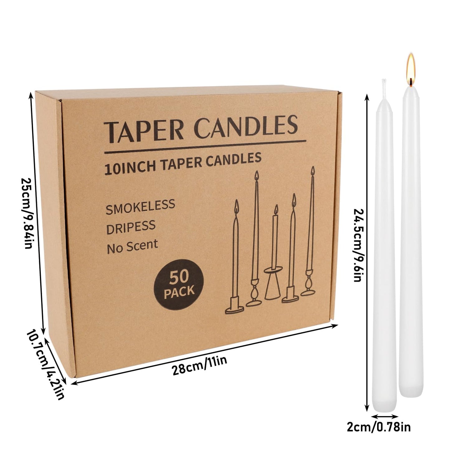 WPONSZU 50 Pack White Taper Candles, 7-8 Hours Burn Time, Unscented, Smokeless and Dripless, 4/5 x 10 Inch for Christmas,Household,Dinner,Wedding,Valentine's Day,Party and Home Décor Candlesticks