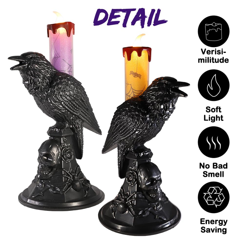 2Pack/Set LED Raven Halloween Flameless Candles, Black Crow Skull Statue Candlestick, Purple and Orange Glowing Light Flickering Candle Holder Halloween Table Lamp Scary Ornaments Home Decorations