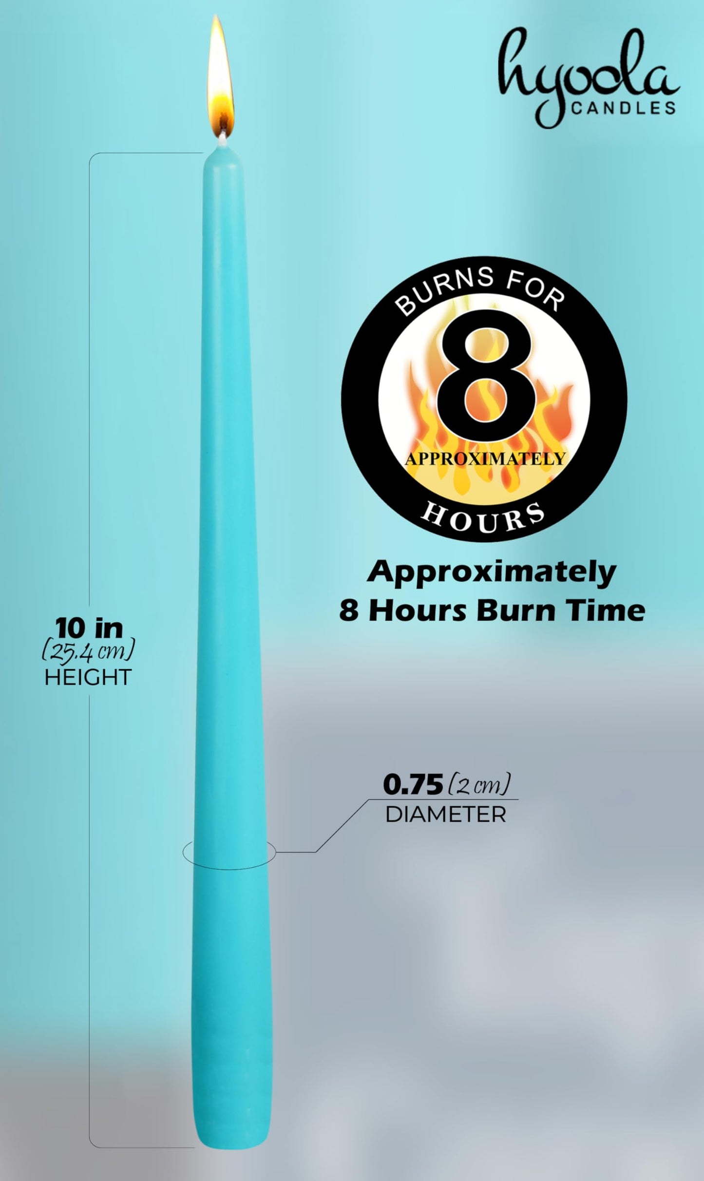 Hyoola Tall Taper Candles Bulk - 10 Inch Light Blue Turquoise Unscented Dripless Taper Candles - 8 Hour Burn Time - 96 Pack
