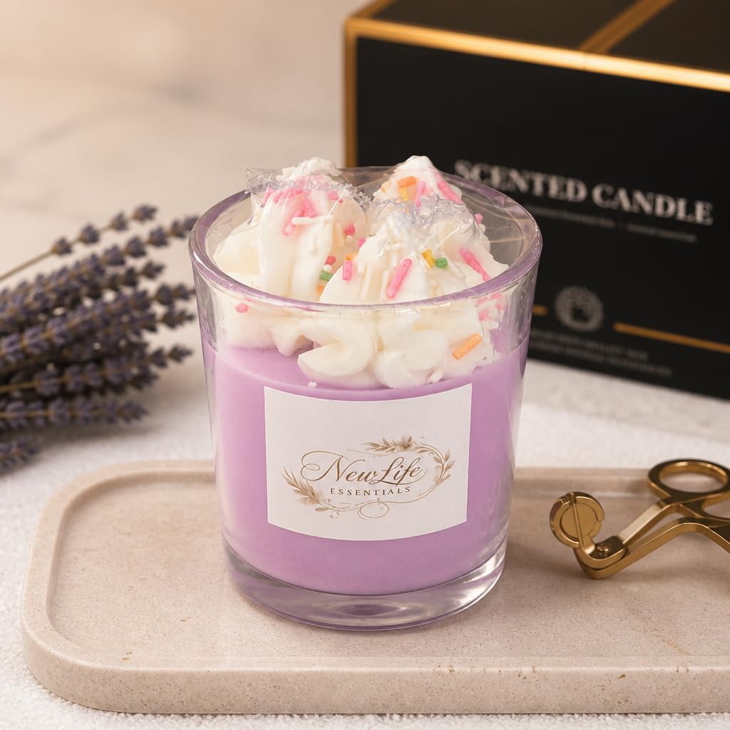 NewLife Essentials Scented Candle, Lavender, Handmade, Whipped Cream Topping with Sprinkles, Glass Jar, Premium