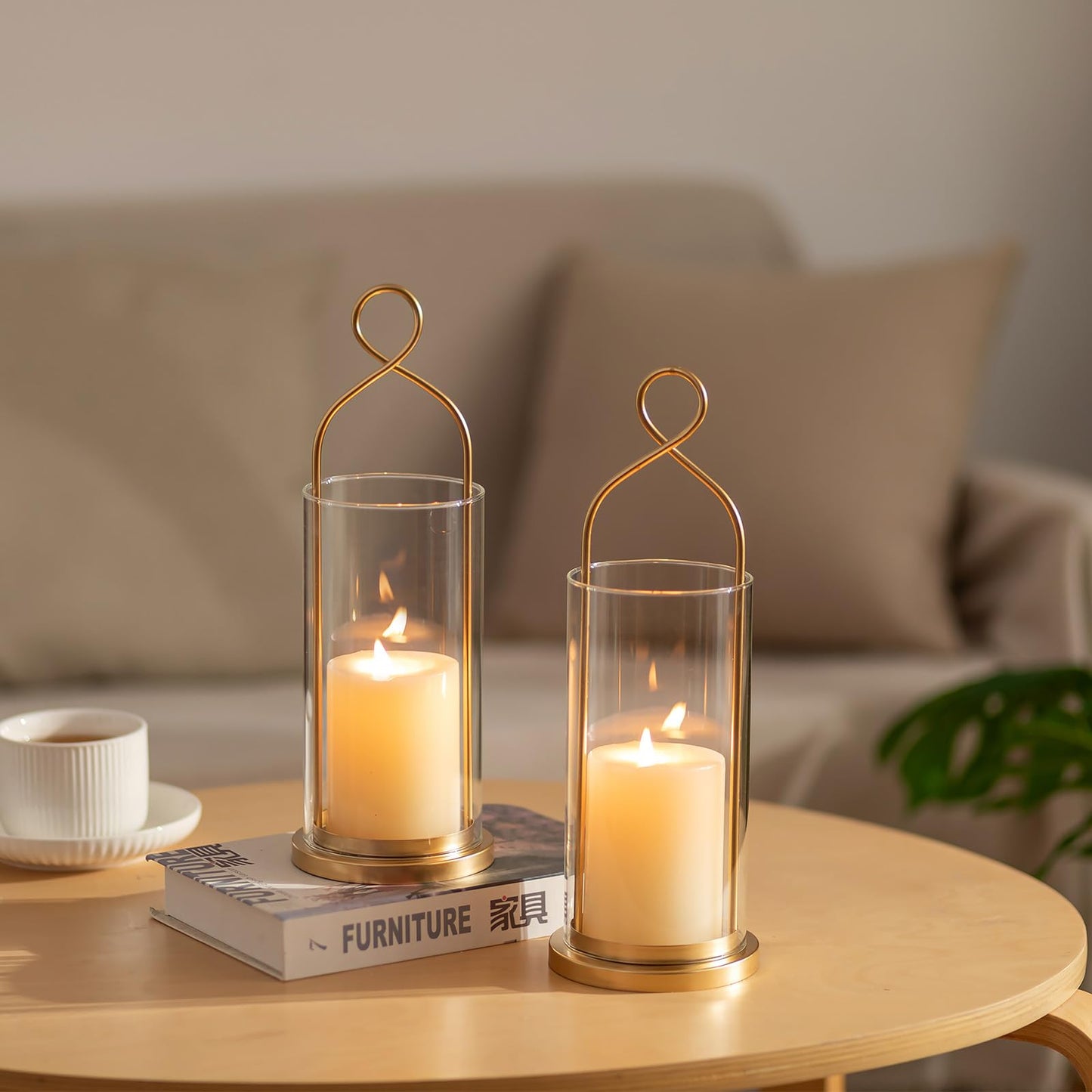 Walasis Gold Candle Sconces Wall Decor: Set of 2 Wall Candle Holder for Pillar Candles - Modern Metal Hurricane Lantern Decoration for Indoor Porch Fireplace Bathroom Living Room