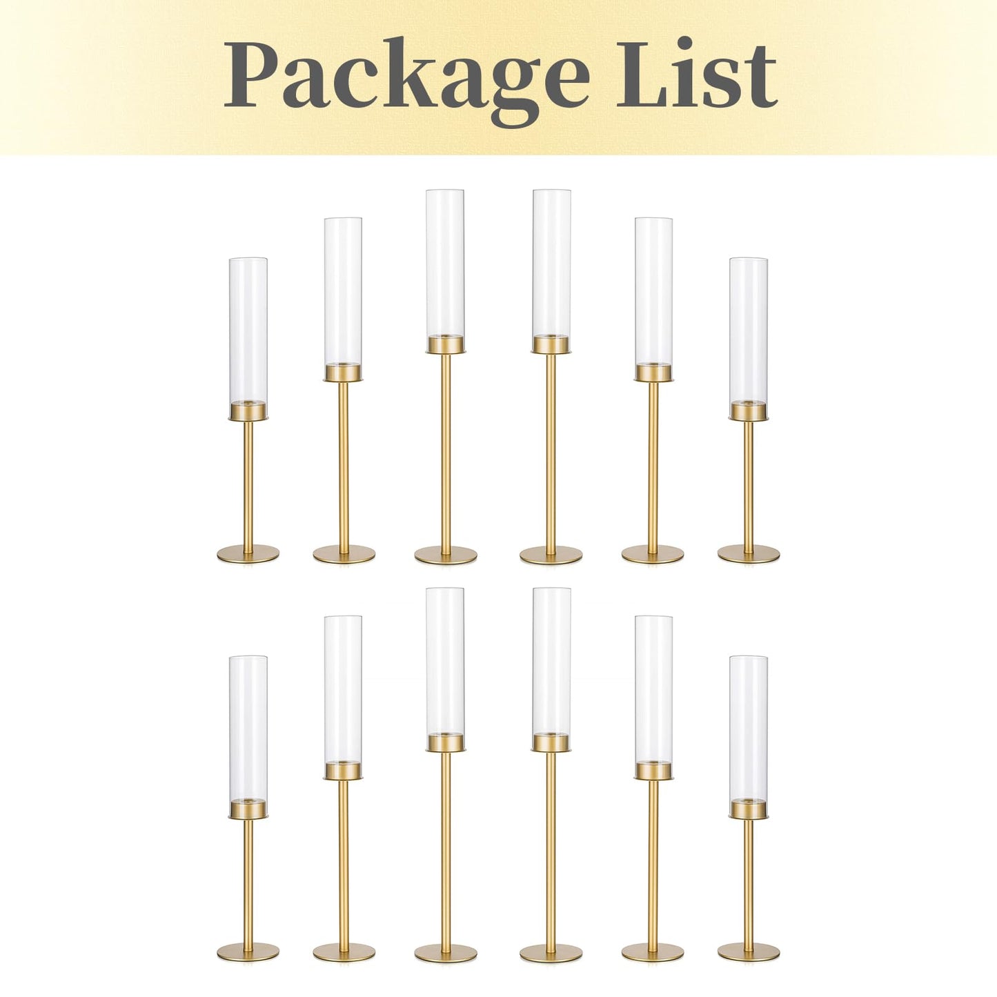 Hewory Gold Tall Hurricane Candlestick Holders: 12Pcs Brass Taper Candle Holder Candelabra Centerpieces, Candle Stick Holders with Candle Cover for Wedding Dinner Christmas Decor