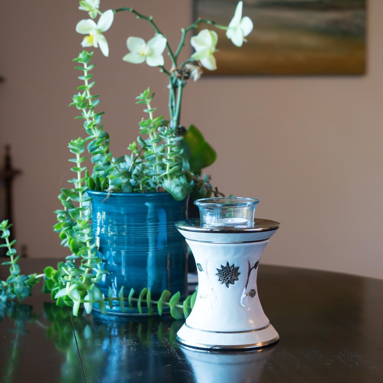 Grace White Tealight Cremation Urn for Ashes, Brass Memorial Candle, White and Silver, Extra Small Sized Cremation Urn, 5.5 Inches High