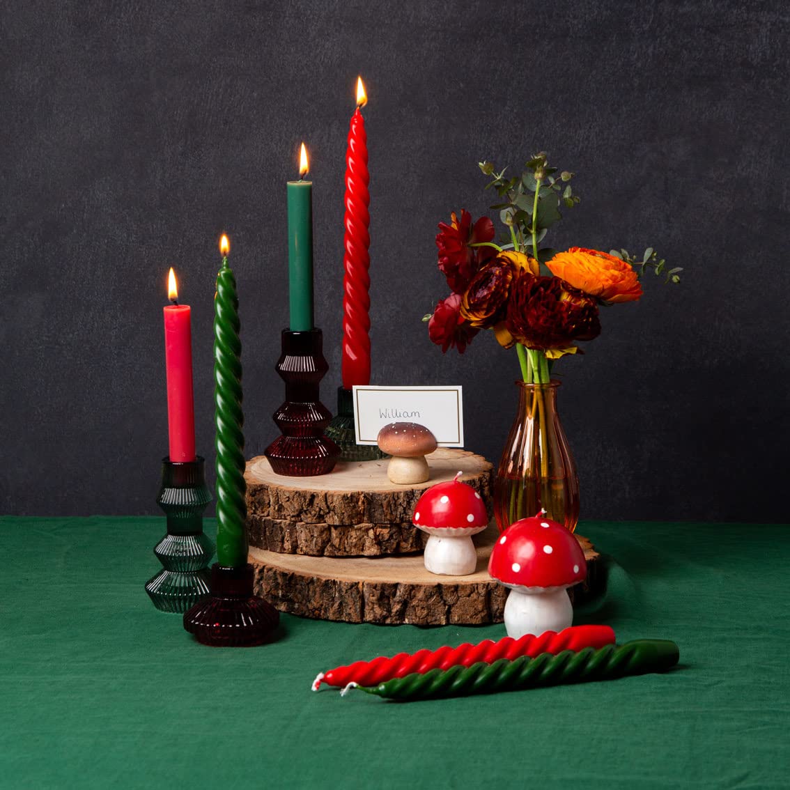 Talking Tables Sage Green Glass Candlestick Holder | Ribbed 3 Tier Taper Candle Stand for Christmas Table Decorations, Home Décor, Dinner Party, Birthday, Wedding, Large (Forest-Hold-Tall-GRN)