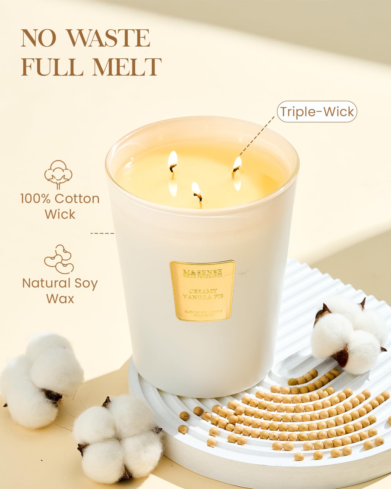 M&SENSE Creamy Vanilla Pie Soy Candle, 35oz 3-Wick 150H, Sweet Large Aromatherapy Candle, Birthday Housewarming Gift