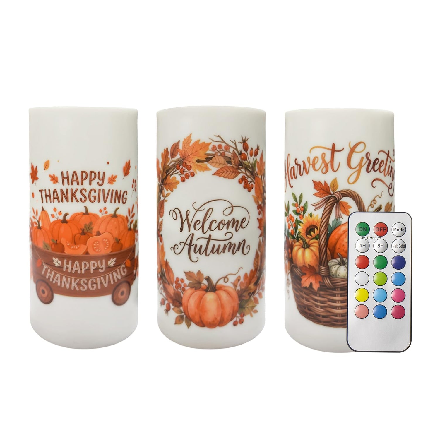 Aulaygo 3PCS Thanksgiving Flameless LED Candles Pumpkin Fall Decor Candle Lights with Timer Warm White Battery Operated Electric Led Maple Leaf Candle Lights for Fall Party Home Decor